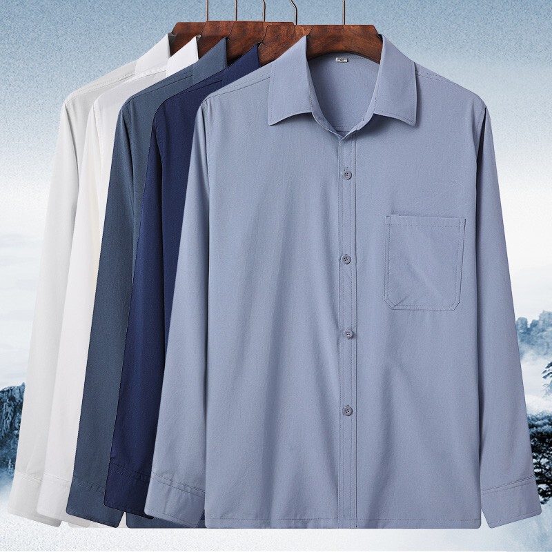 Spring, Summer, and Autumn Solid Color Men's Shirts for Middle-Aged and Elderly, Long-Sleeve Cotton Turn-Down Collar Workwear Men's Tops Cardigan Wholesale Manufacturer Spring, Summer, and Autumn Solid Color Men's Shirts for Middle-Aged and Elderly, Long-Sleeve Cotton Turn-Down Collar Workwear Men's Tops Cardigan Wholesale Manufacturer