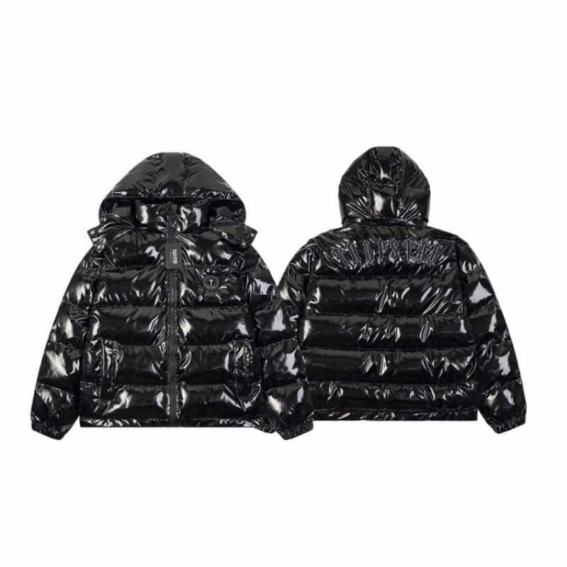 In-Stock Trapstar New Pu Leather Black Glossy Thickened Cotton Jacket with Detachable Hood Couple Coat