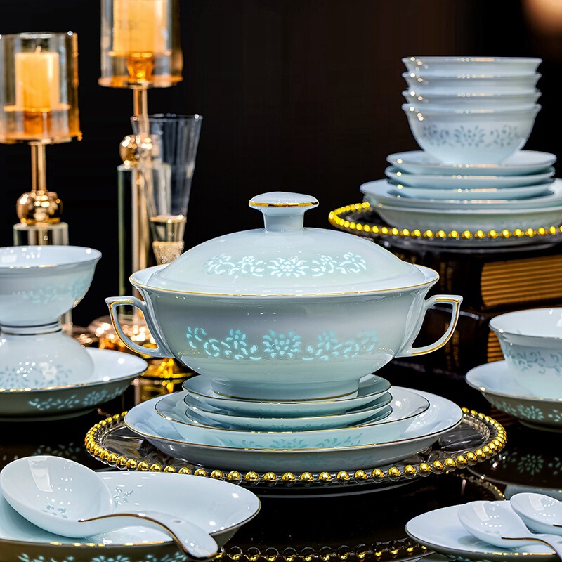 Jingdezhen Celadon Exquisite Bowls and Plates, Freely Combinable, Household Gifts, High-Temperature White Porcelain Bowls and Chopsticks, Promotional Gift Items