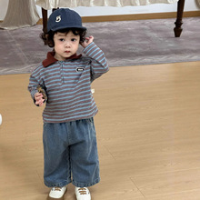 男宝宝秋季衣服2025新款秋装韩版童装儿童翻领条纹卫衣牛仔裤套装