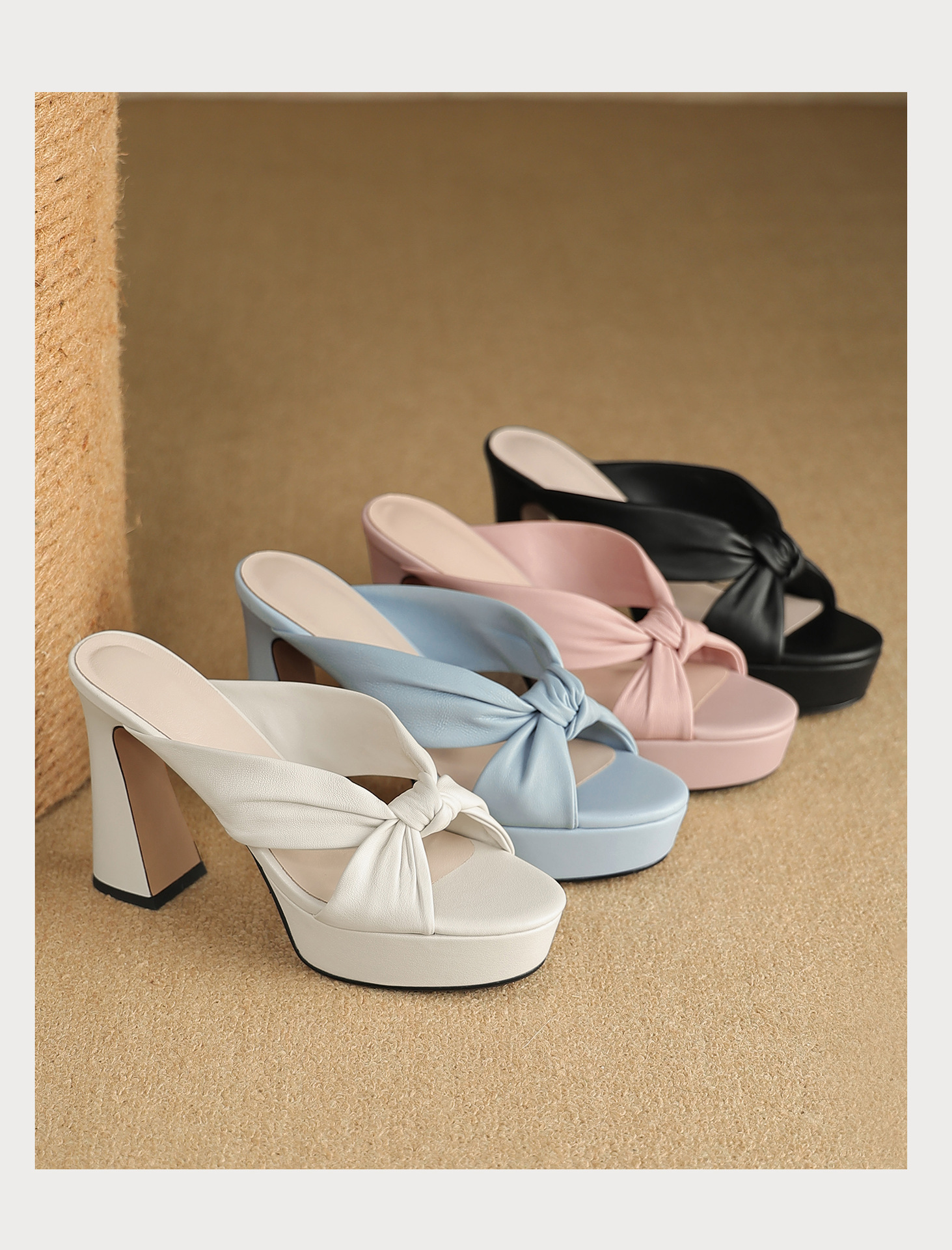 Sandal cao gót nữ mũi hở da cừu mềm, đế xuồng platform, gót vuông 8-10cm, nơ bướm — Hồng 8cm, Xanh da trời 10cm, Hồng 10cm, Trắng kem 8cm chi tiết 20