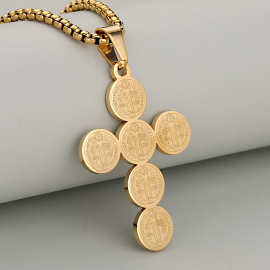 跨境欧美 六圆小众嘻哈个性神父宗教十字架庇佑护身符不锈钢吊坠