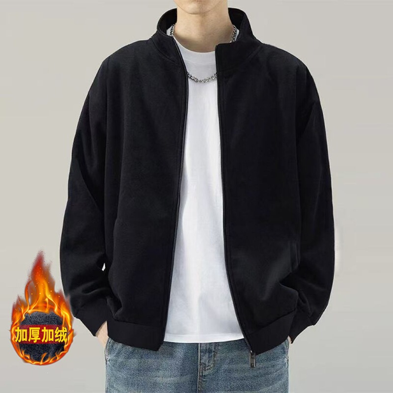 American-style stand-up collar jacket, men's autumn collection, exudes a sophisticated and relaxed vibe, gray cardigan sweatshirt, casual outerwear American-style stand-up collar jacket, men's autumn collection, exudes a sophisticated and relaxed vibe, gray cardigan sweatshirt, casual outerwear