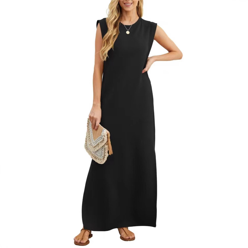 2025 Cross-Border European and American Amazon New Women's Summer Casual Pure Color Round Neck Sleeveless Loose Long Dress