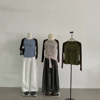 慕斯绒收腰撞色插肩长袖T恤美式复古辣妹修身显瘦休闲内搭打底衫