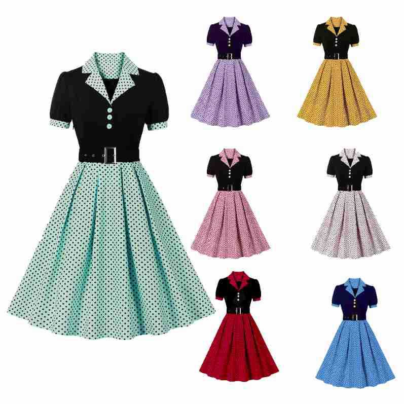 European and American Cross-Border Women's Clothing Hot-Selling Work Clothing Literary Retro Polka Dot Short-Sleeved Lapel Dress with Belt 5173
