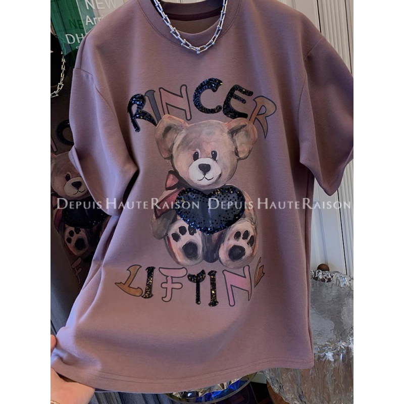 Camiseta de manga corta con estampado de oso, estilo europeo, cepillada y engrosada, para mujer, nueva colección otoño/invierno 2026, top adelgazante de talla grande con media manga. image 4