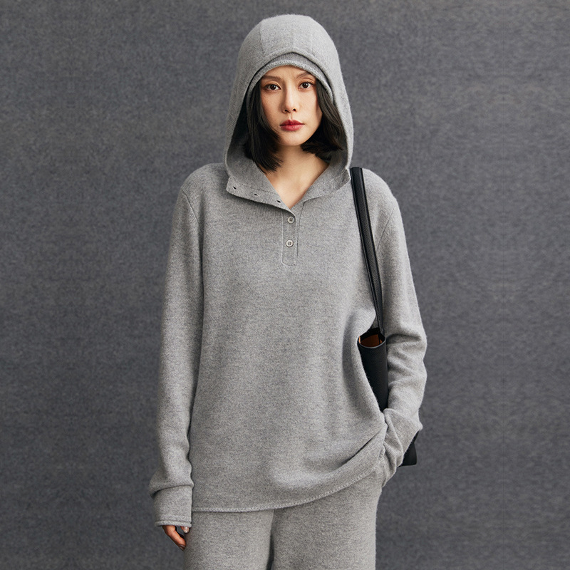 Cashmere 2026 Autumn/Winter New Women's Loose Hooded Solid Color Mid-Length Pullover Sweatshirt Base Knit Sweater