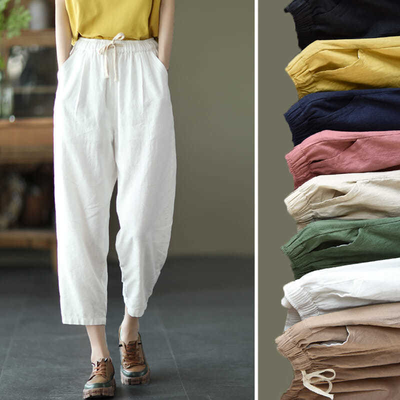 Artistic Solid Color Cotton and Hemp Pants Women's Elastic Waist Slimming Casual Ankle-length Pants All-match Legs Drawstring Harem Pants Women's 2023