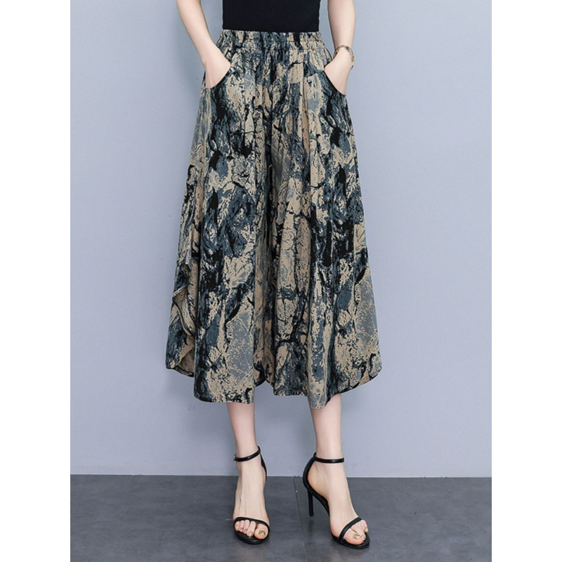 S5.4 New Summer Pure Cotton Silk Capri Wide-Leg Pants for Women High-Waisted Draped Pants Loose Thin Cotton Blend Skirt Pants