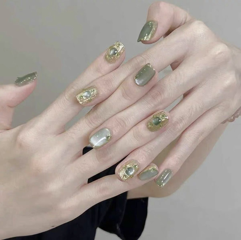 Wholesale pure hand-worn nail patch compact cat's eye green buchelati short high-end summer nail patch