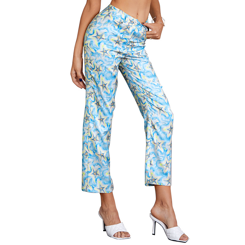 2022春夏新款外贸女装直筒裤修身星星印花阔腿裤长裤跨境一件代发