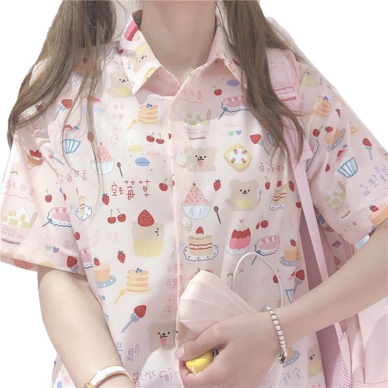 オーバーサイズ日本ハワイアニメーションフルプリント半袖シャツ女性の夏香港スタイルカップル半袖花柄シャツトレンディ|undefined