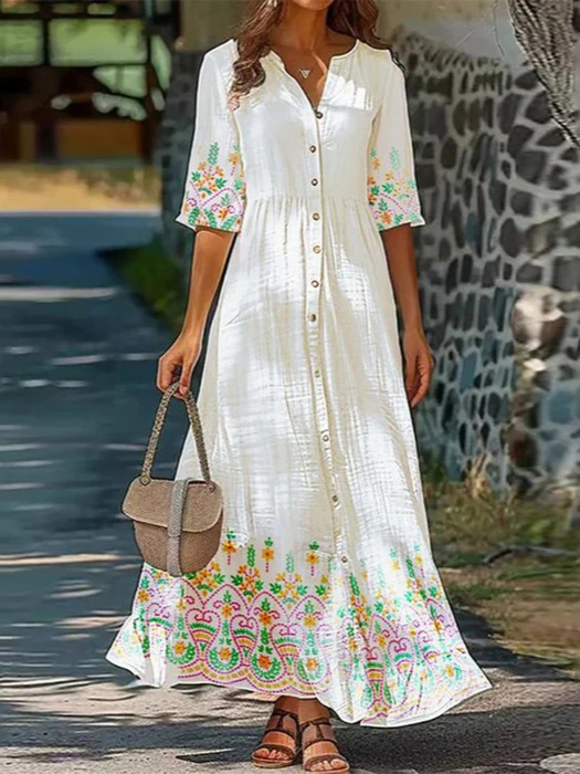 2025 European and American Women's Clothing Amazon Independent Station Three-Quarter Sleeve Digital Printing Dress Long Skirt Buttons