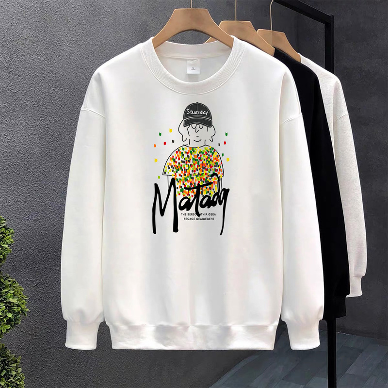 2026 Spring and Autumn New Style White Men's Sweatshirt Without Fleece American Trendy Loose Men's Sweatshirt Round Neck Base Shirt