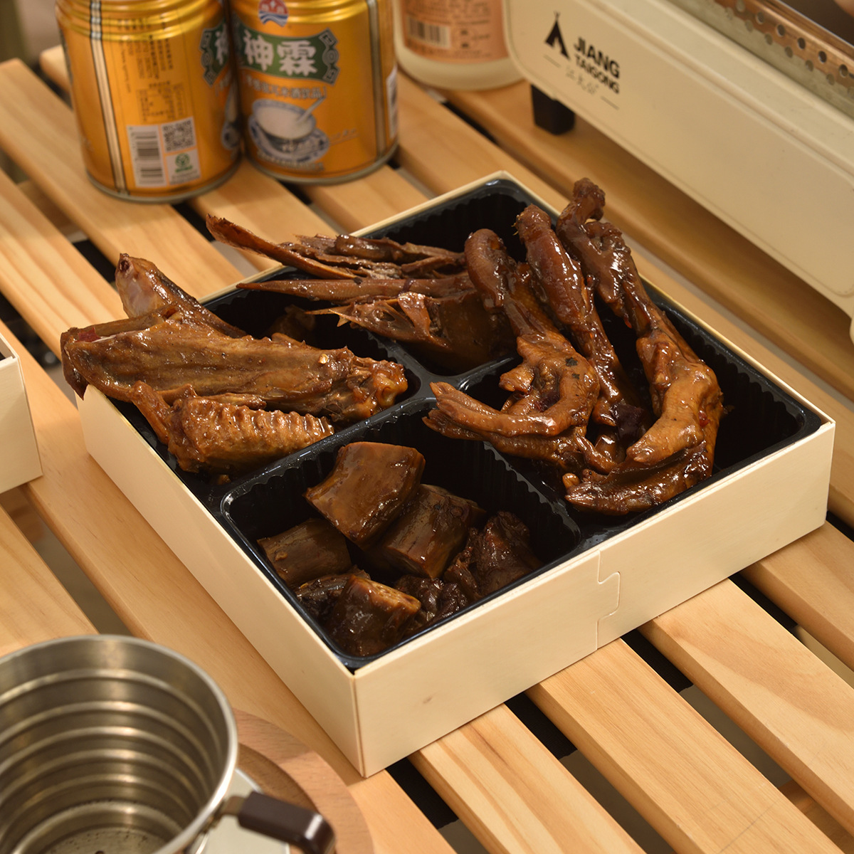 Caja de embalaje de arroz salgado de Jiugongge, panela caliente roja, pato, verduras frías desechables, caja de madera de alta calidad para llevar.