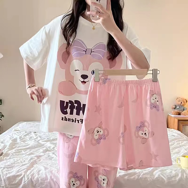 [conjunto de tres piezas] pijamas de mujer nuevo cuello redondo de verano manga corta ropa casera casual pantalones cortos sueltos set