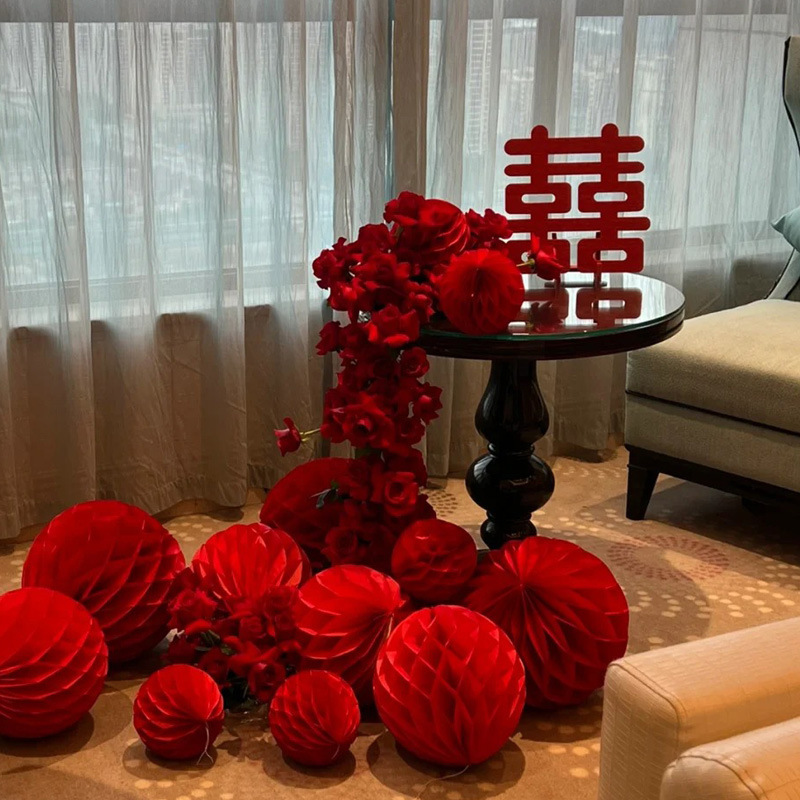 Red Honeycomb Ball Happy Word Lantern Wedding Room Decoration Set Hotel Living Room Wedding Decoration Wedding Man and Woman Red Honeycomb Ball Happy Word Lantern Wedding Room Decoration Set Hotel Living Room Wedding Decoration Wedding Man and Woman