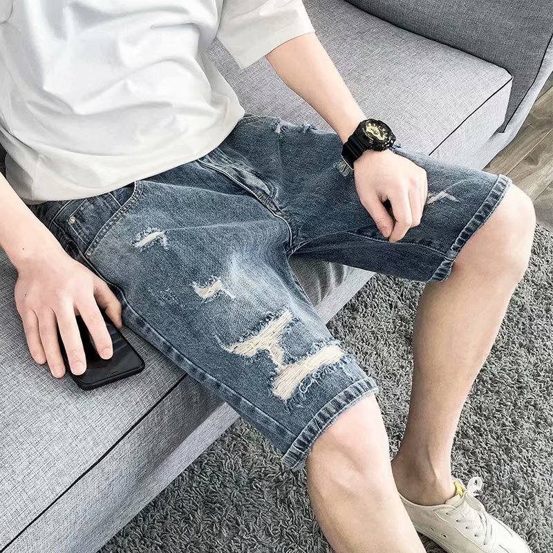 2025 Summer Fashion Trendy Men's Denim Shorts Ripped Trendy Brand Mid-Length Shorts