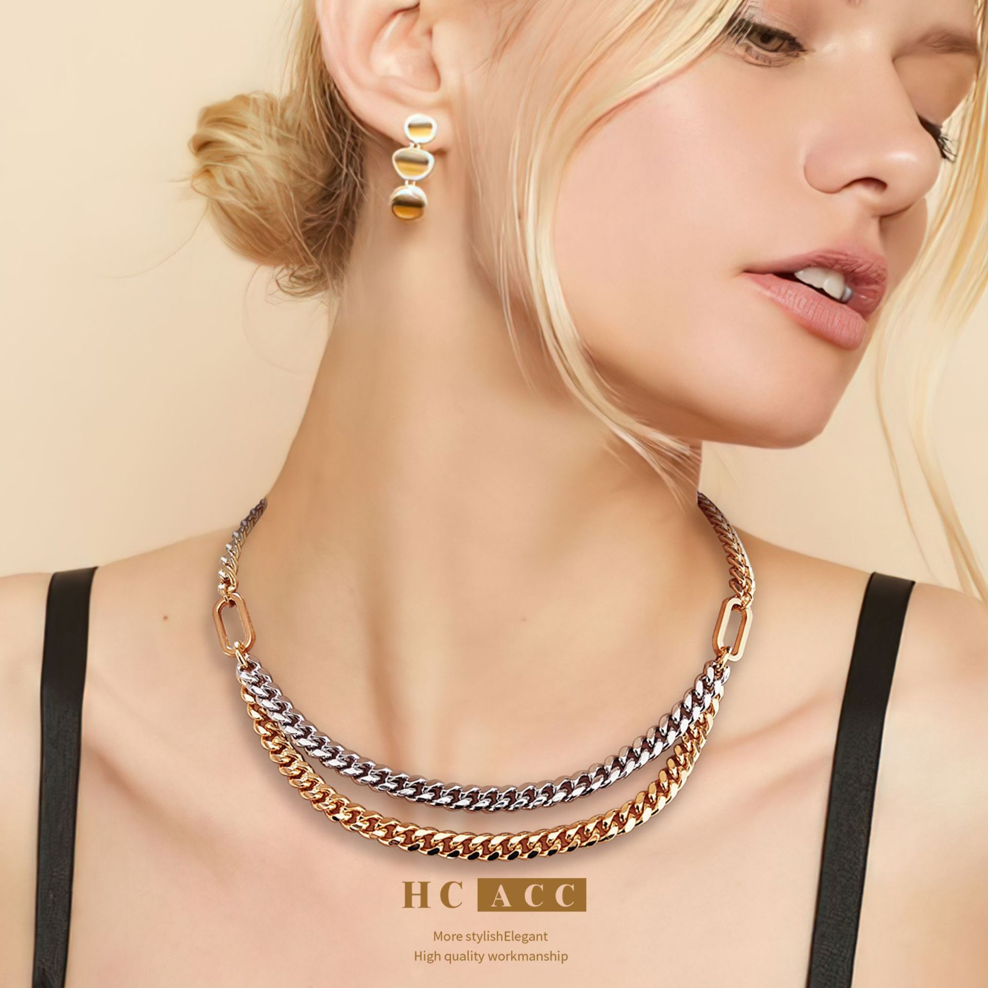 european-and-american-hip-hop-style-double-layer-necklace-mens-and-womens-accessories-double-layer-neck-chain-fashion-cross-border-golden-cuban-lock-street-bone-chain european-and-american-hip-hop-style-double-layer-necklace-mens-and-womens-accessories-double-layer-neck-chain-fashion-cross-border-golden-cuban-lock-street-bone-chain