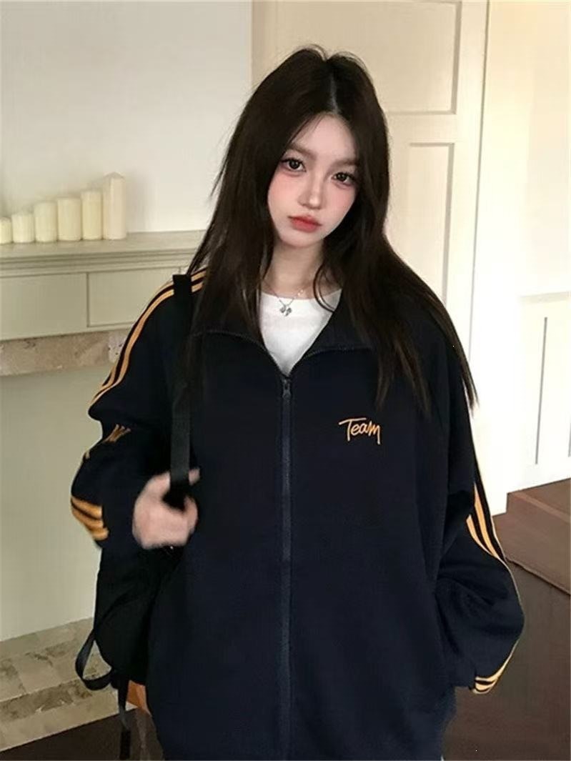 美式慵懒三条杠开衫卫衣男女韩版宽松学生立领运动棒球服外套