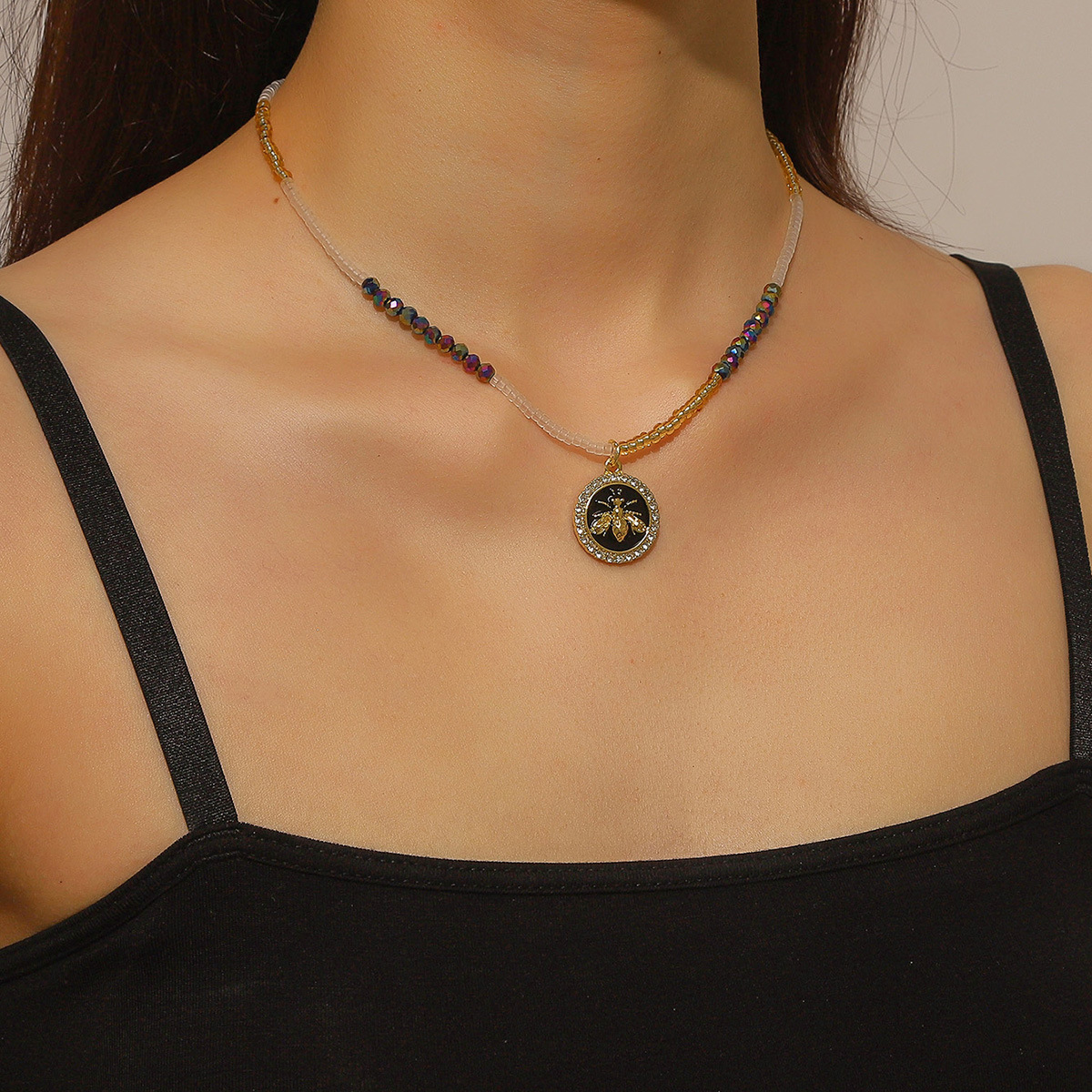 New ins color beaded necklace Women's versatile high end sense does not fade Bee handmade beaded necklace_voghion.com