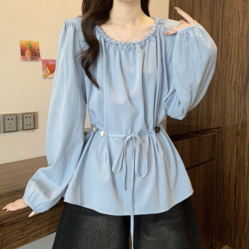 漂亮串珠蓝色长袖衬衫女装早秋2025新款大码胖MM收腰衬衣上衣|undefined
