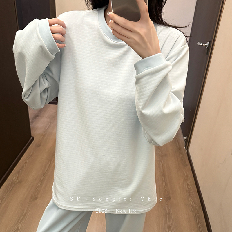 秋冬磨毛新款圆领长袖可外穿家居服 肯豆风松弛感条纹家居服套装|undefined