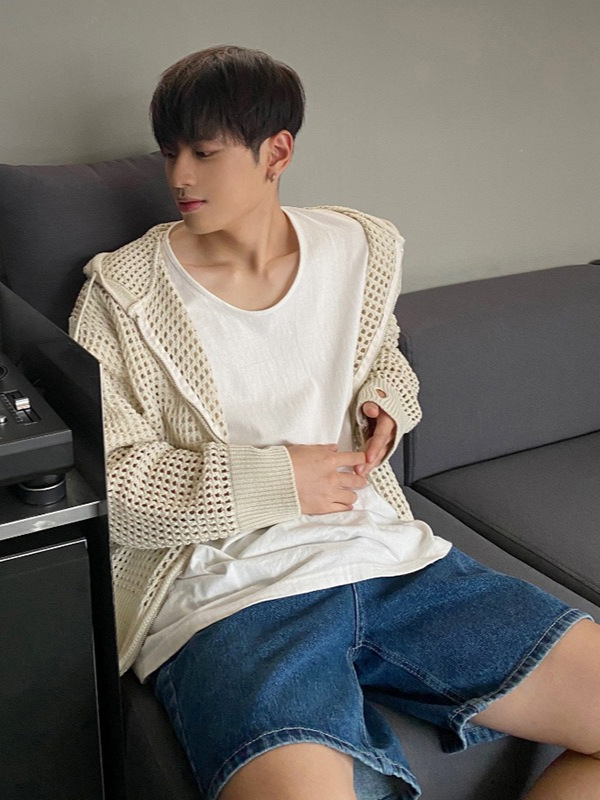 Cardigan, brand sweater, knitted summer thin couple clothing with hood, jacket, high-quality style, sun protection, for beloved 3