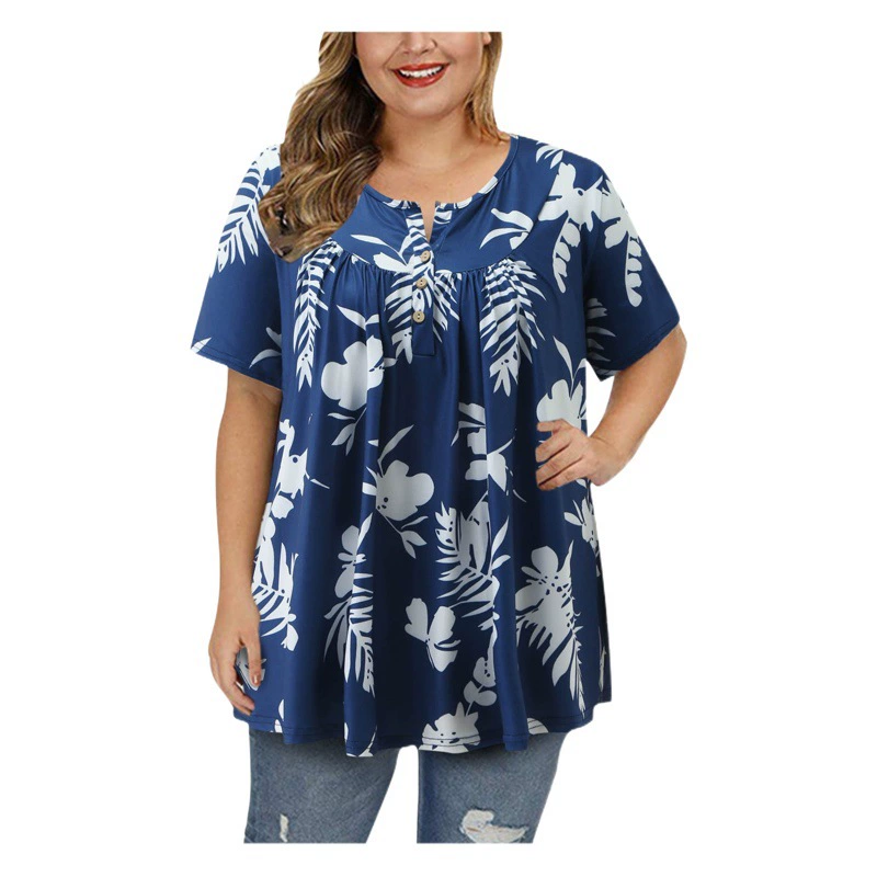 2023 Весна и лето Новая независимая станция Amazon V-образным вырезом на пуговицах плюс размер футболка с принтом