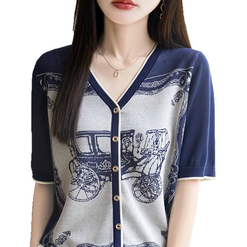 Retro summer fashionable thin cardigan, breathable T-shirt for leisure, high-quality style, V-neckline, with short sleeve