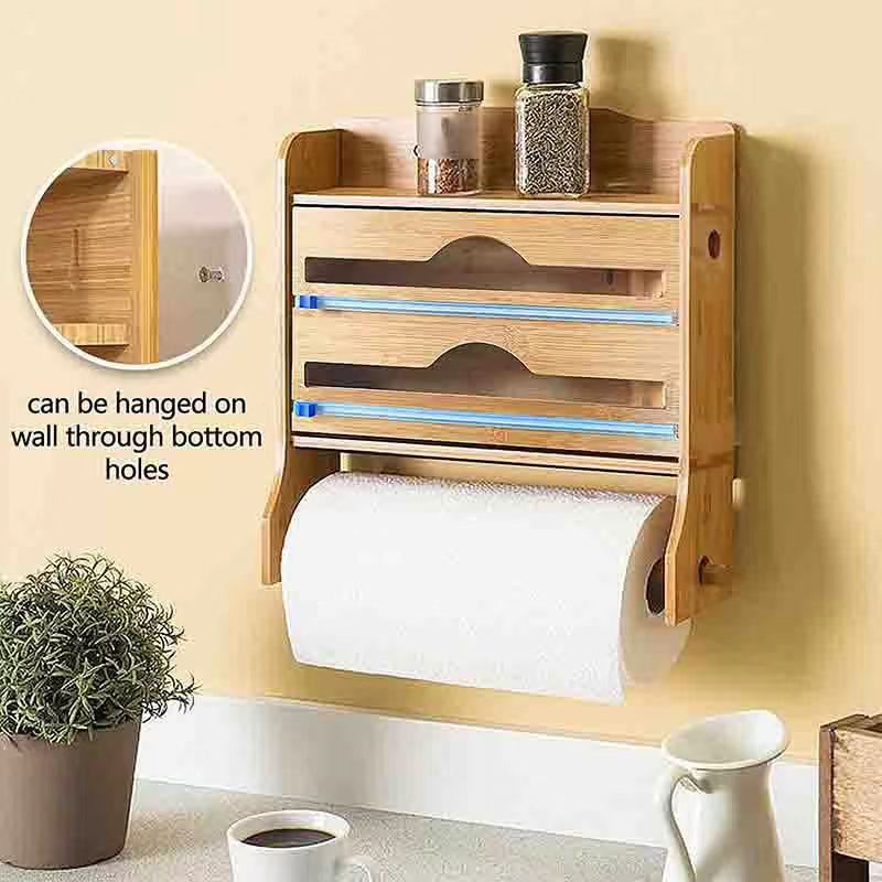 Envoltura de plástico de bambú caja de corte cocina condimento estante bambú estaño papel de corte caja con rollo de papel rack