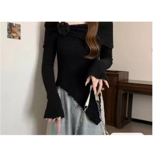 French-style chic ruffled-edge 3D floral off-shoulder knit top | Slim-fit sweater | Women's layered autumn/winter base shirt