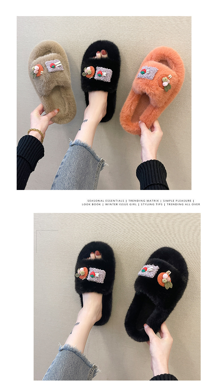 WomenS Casual Cartoon Emoroidery Round Toe Plush Slipperspicture3