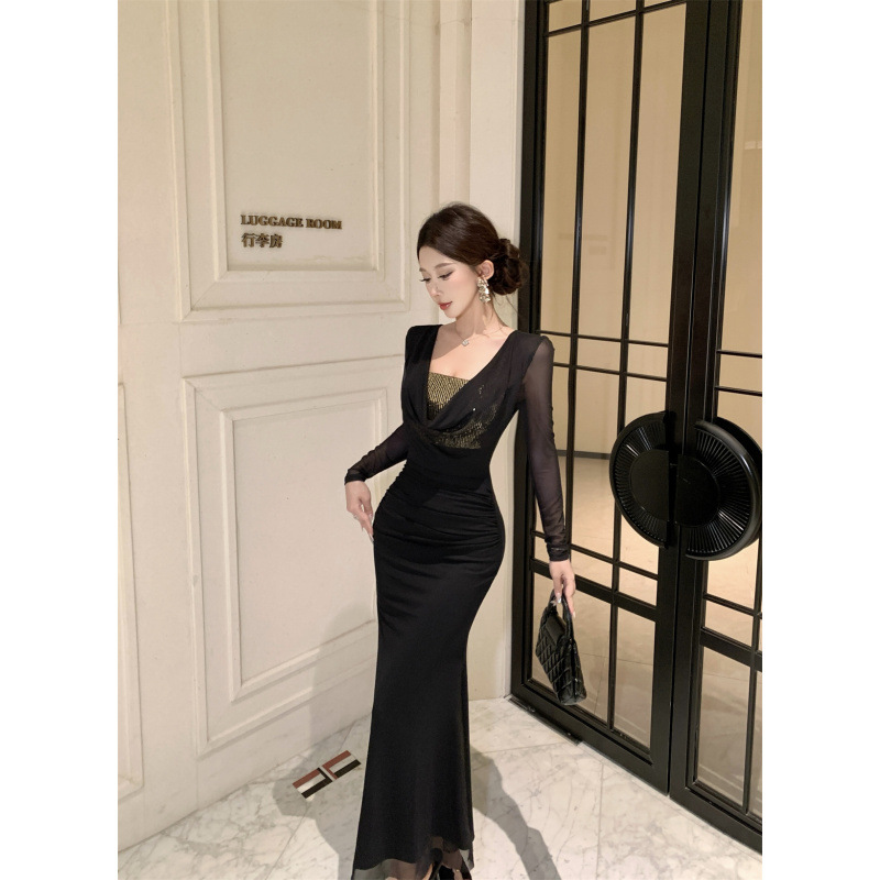 French Socialite Sequined Tube Top Spliced ​​Mesh Long-Sleeved Swing Collar Slim Slim Fishtail Dress High-End Evening Dress