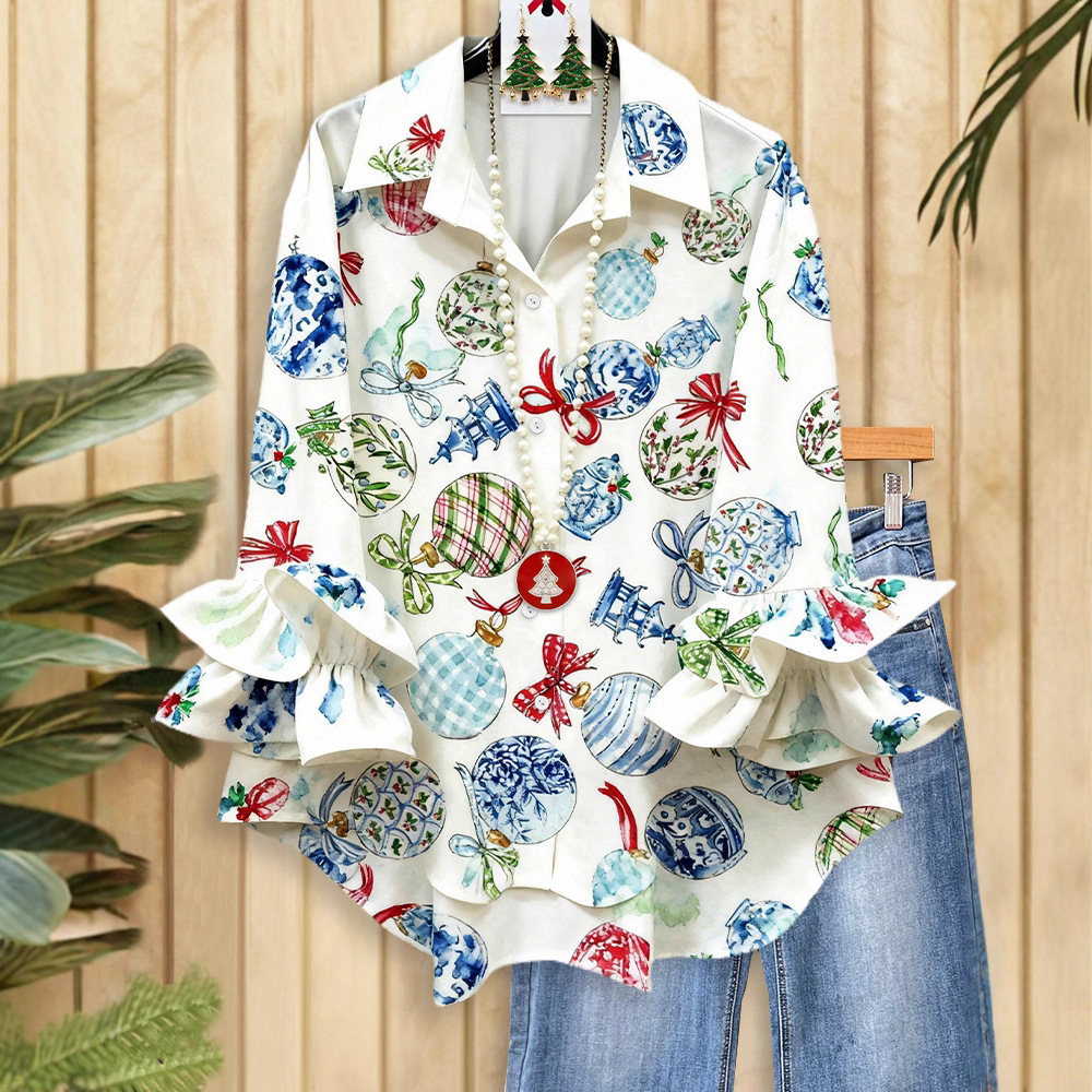 跨境法式Polo领长袖圣诞款衬衫女2025夏季新款韩版宽松显瘦开衫上