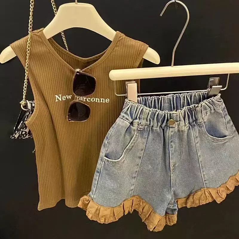 Fashionable universal vest with letters, denim skirt, shorts, trousers, summer clothing, set, western style, internet celebrity