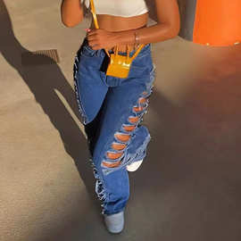 新款跨境欧美女装做旧性感辣妹街头潮人微弹紧身破洞洗水牛仔长裤