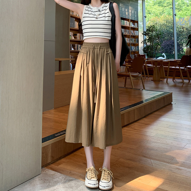 Ice Silk Crinkled Cropped Skirt Pants for Women, New Summer Style, High-Waisted, Loose Fit, Drapey, Slimming, Thin Wide-Leg Pants, Cropped Skirt