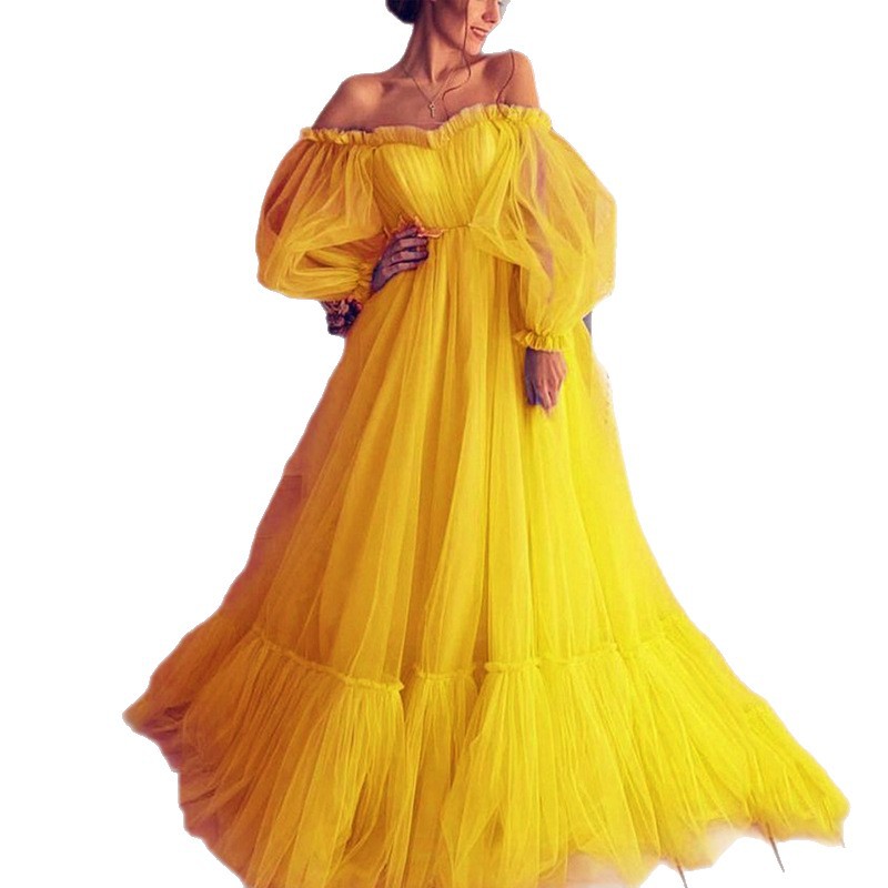 2025 nueva exportación transfronteriza europea y americana ropa de mujer deseo un hombro vestido de novia de manga larga de malla vestido con dobladillo grande