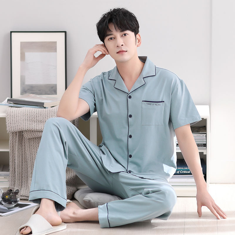 Pijamas de verano de los hombres 100% algodón pantalones de manga corta delgada verano de los hombres cardigan verano más tamaño homewear
