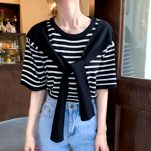 Internet celebrity fashion short-sleeved sweater for women summer  new fashion shawl fake two-piece T-shirt striped top