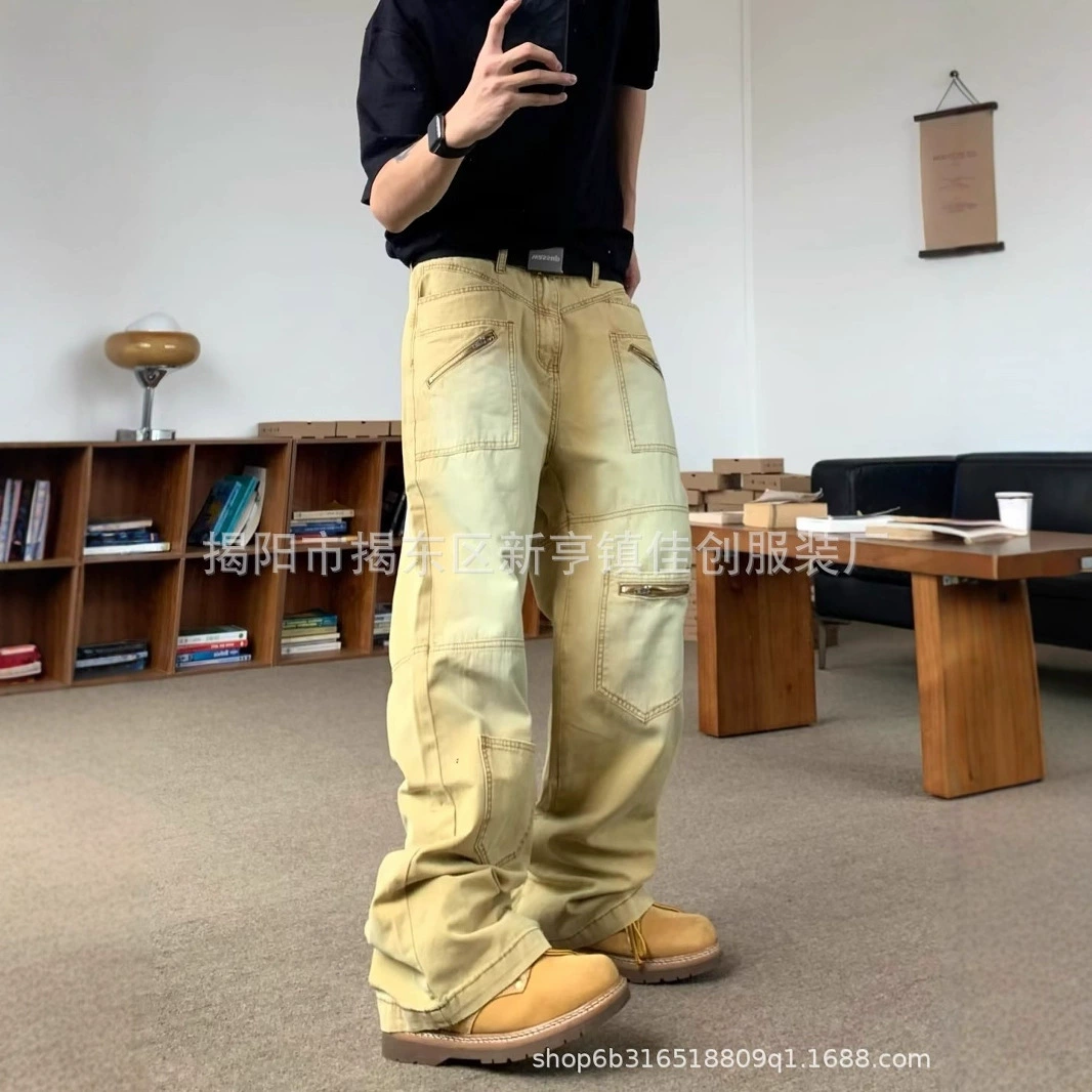 Джинсы в стиле японской уличной моды, летний тренд 2025 года, белые, потертые, свободные прямые брюки в стиле casual.