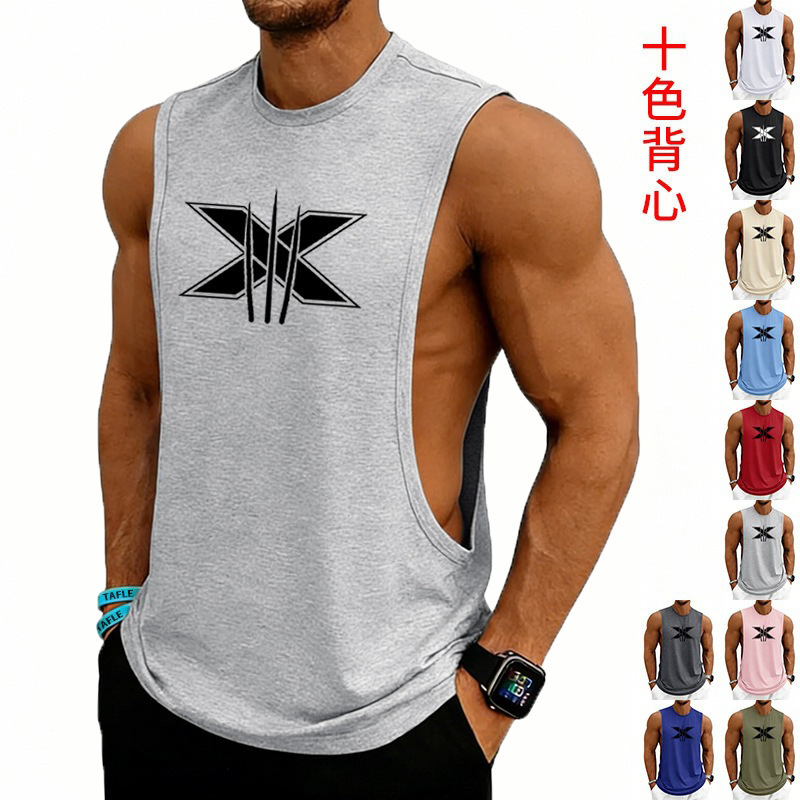 Cross-Border European and American Summer Men's Muscle Fitness Breathable Wolverine X Round Neck Printed Loose Sleeveless Vest T-Shirt