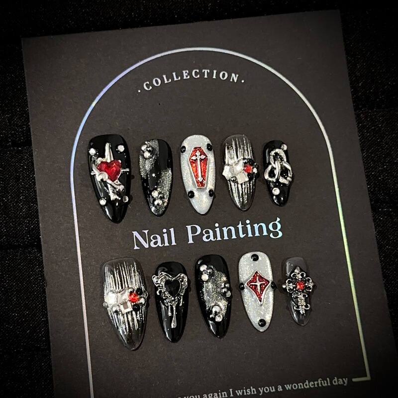 Purely Handmade Wearable Nails, European and American Dark Sweet-Cool Punk Style Nail Art Pieces, Silver Cat Eye, Heart, Almond-Shaped Fake Nail Stickers Purely Handmade Wearable Nails, European and American Dark Sweet-Cool Punk Style Nail Art Pieces, Silver Cat Eye, Heart, Almond-Shaped Fake Nail Stickers
