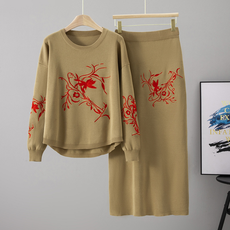 ヨーロッパとアメリカのクロスボーダーファッション刺繍スカートニットスーツフェミニンルーズスリミングプルオーバーセーターツーピーストレンディセット|undefined