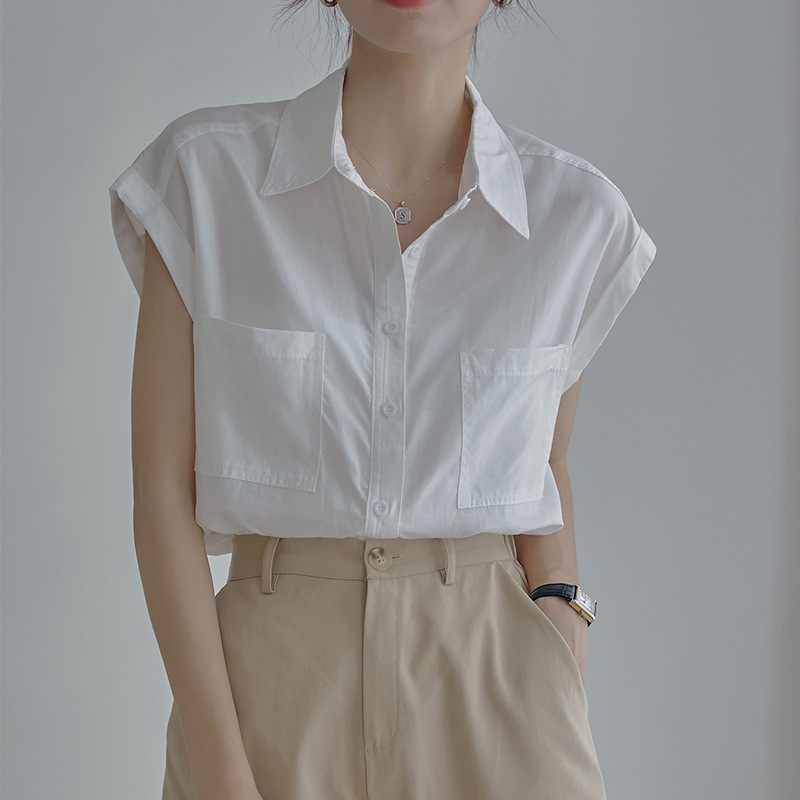 Double Flap Pocket Pants Sleeveless White Shirt for Women Summer 2025 Thin Loose Design Niche Elegant Sleeveless Shirt Top