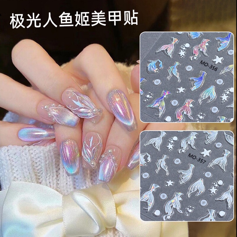 Summer new small fresh relief aurora semi-transparent stickers mermaid Ji girl heart mermaid fish tail nail art stickers
