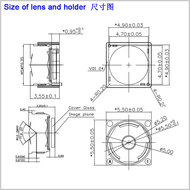 1/5 대각선 78 도 M5 인터페이스 2.22MM 초점 거리 얇은 렌즈 낮은 총 길이 치과 휴대 전화 스캔 코드 OV2680