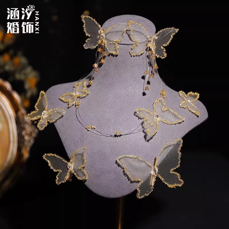 Hanxi's New Golden Butterfly Hairpin Necklace Earrings Set Bridal Wedding Main Gauze Headdress Photo Studio Photo Hair Accessories